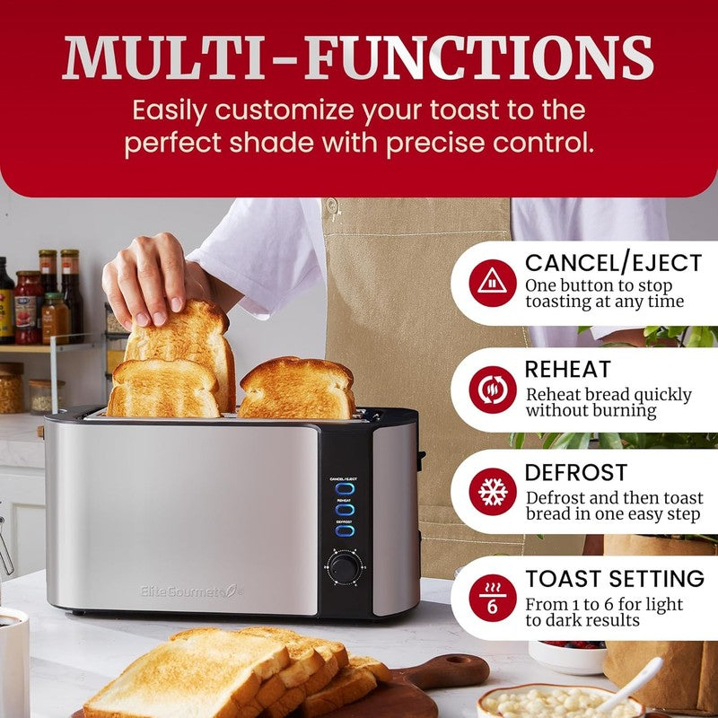 4 Slice Long Slot Toaster, 6 Settings, Defrost, Reheat, Wide Slots, Black SS2