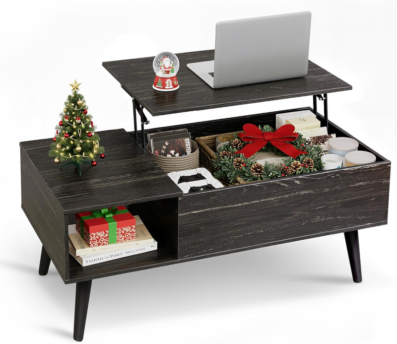 39" Lift-Top Coffee Table with Storage Shelf Black Oak9