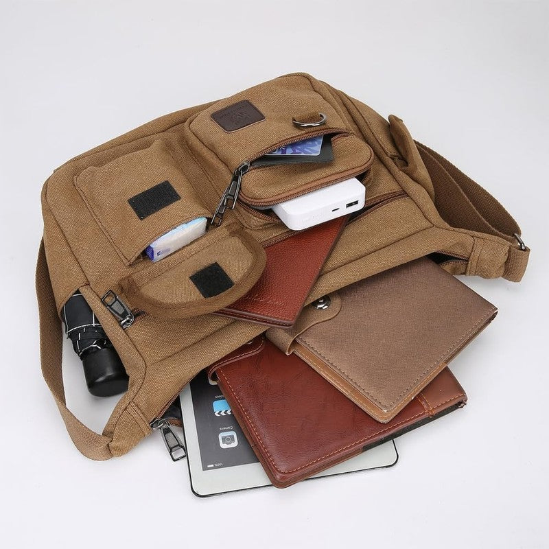 Canvas Shoulder Bag Men Multi Pockets 13 Inch Laptop Crossbody Sling Travel Bag3