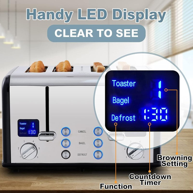 4 Slice Black Stainless Steel Toaster LED Wide Slots Bagel Defrost Cancel3