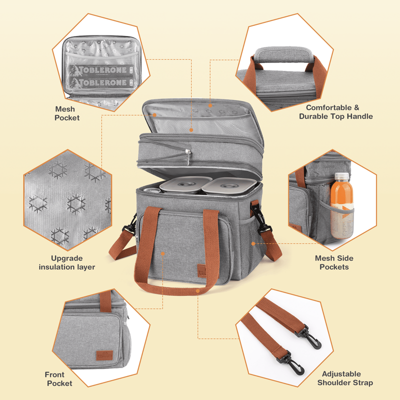 17L Insulated Lunch Bag Expandable Double Deck Cooler Tote Leakproof Work Gray7