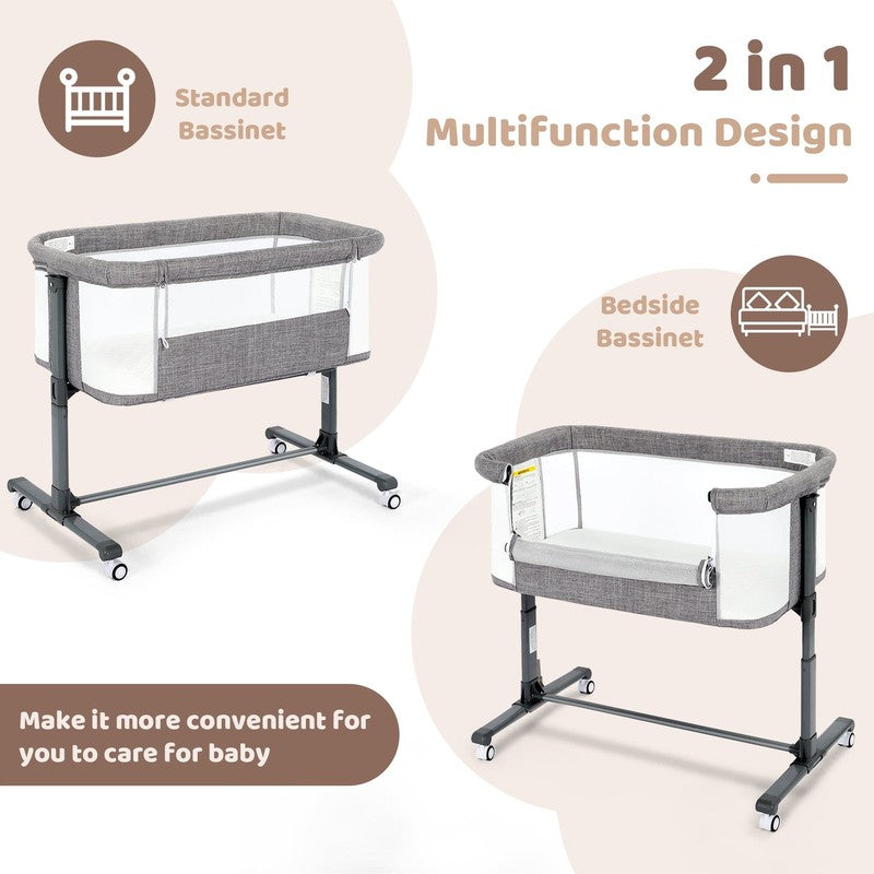 Baby Bassinet with Wheels Grey Height Adjustable Bedside Sleeper for Newborns2