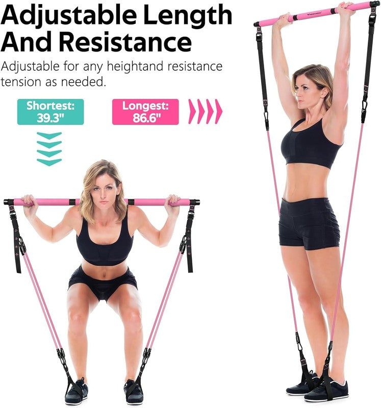 Pilates Bar Kit w/ Resistance Bands Adjustable Metal Buckle Full Body Pink3