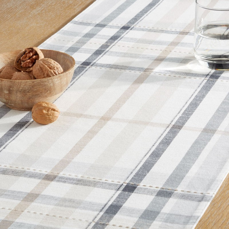Plaid Fabric Table Runner, Beige, 14"W X 90"L3