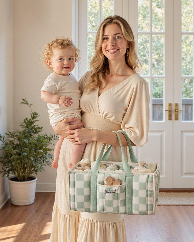 Checkered Diaper Caddy Organizer Nursery Storage Basket Sage Green6