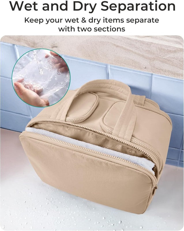 Travel Toiletry Bag Large Wide-Open Puffy Cosmetic Organizer Khaki4
