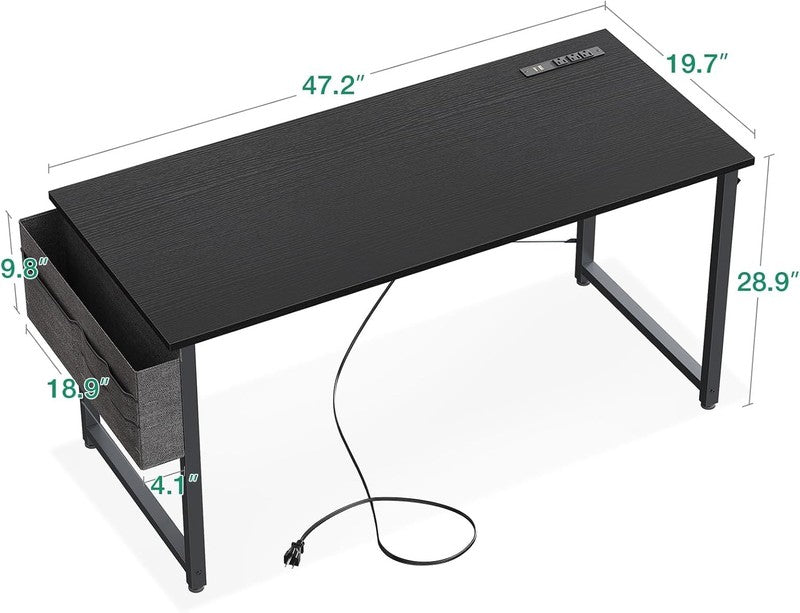 48" Small Computer Desk w/ Power Outlets USB Port Storage Bag Hook Office Black2