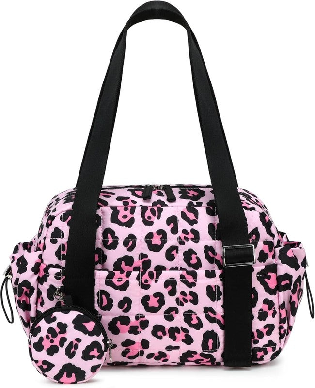 Mini Gym Bag Women Quilted Duffel Wet Compartment Coin Purse Leopard 12.6"2