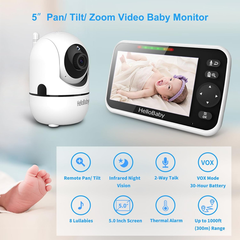No WiFi Baby Monitor 5" Screen Pan Tilt Zoom Video Audio Night Vision HB65501