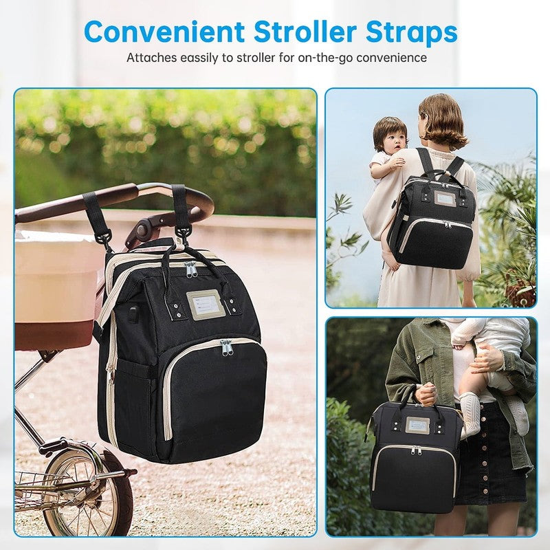 Diaper Bag Backpack w/ Crib, USB, Bottle Holder, Changing Pad – Black4