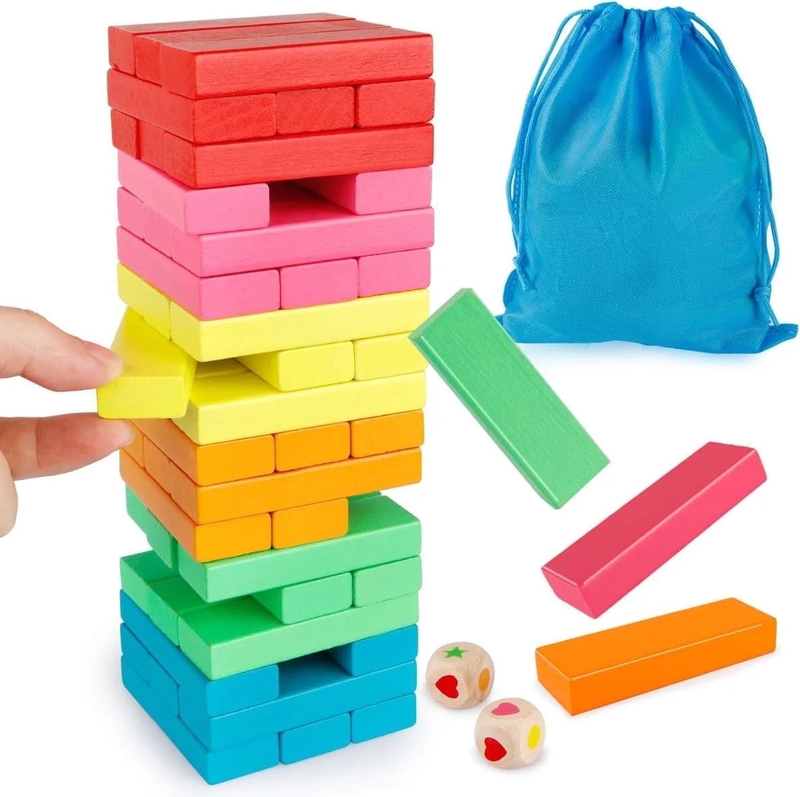 Wooden Blocks Stacking Game with Storage Bag, Toppling Colorful Tower Building B10