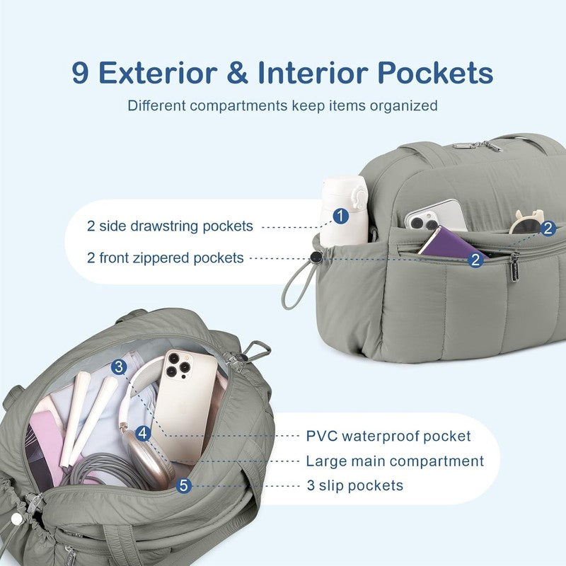 Travel Duffel Bag Women Puffer Gym Weekender Wet Pocket Carry On Grey5