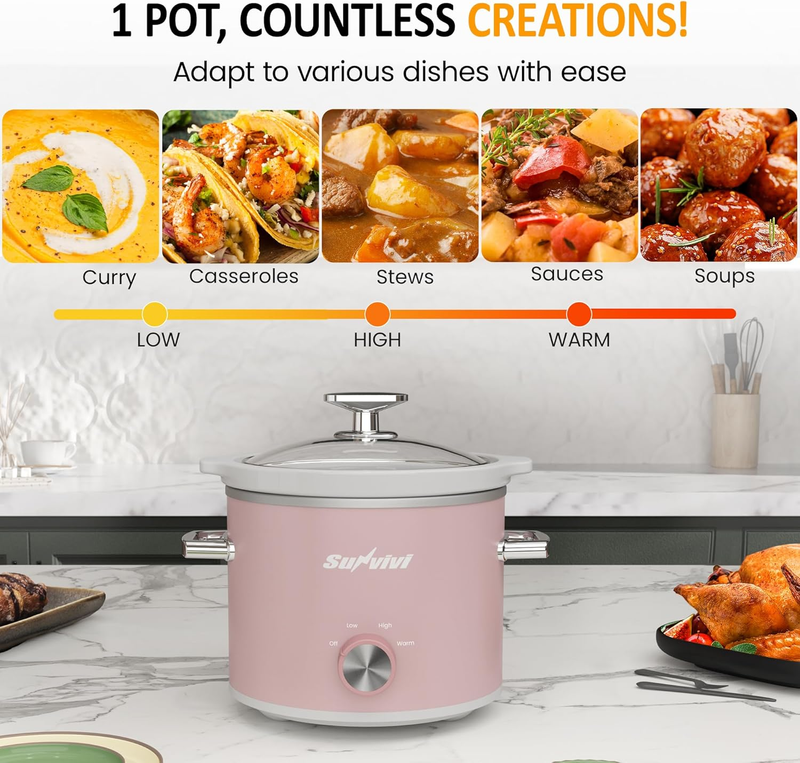 2Qt Slow Cooker Small Removable Ceramic 3-Setting Pink Food Warmer3