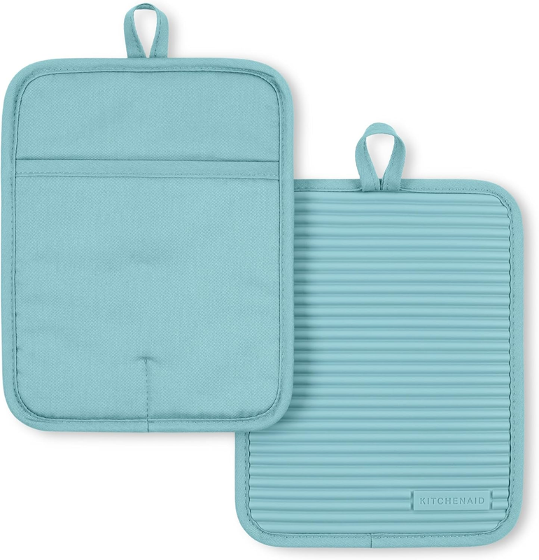 Ribbed Soft Silicone Pot Holder 2-Pack Set, Mineral Water Aqua, 7"X9"6