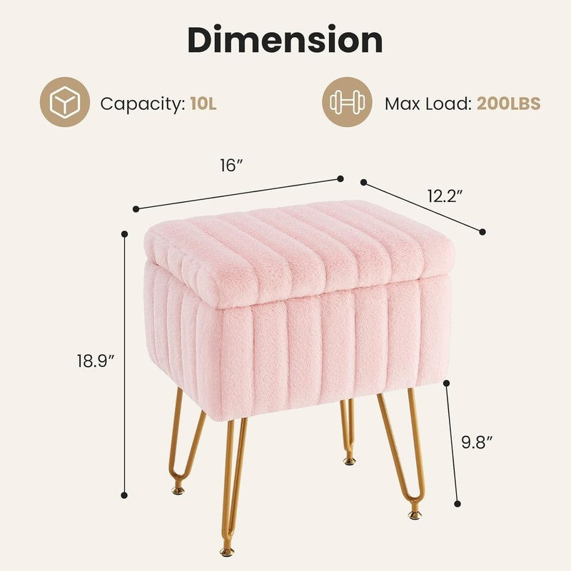 Vanity Stool Ottoman with Storage Faux Fur Seat Footrest Chair 4 Metal Legs Pink1