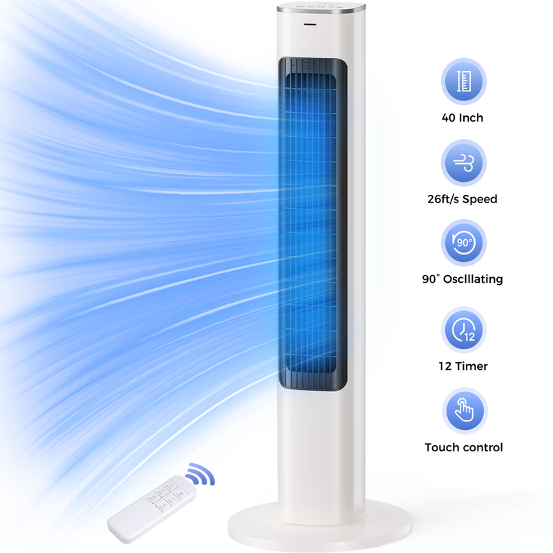 Tower Fan, 40" Electric Fan for Bedroom, 90° Oscillating Stand Fan with Remote, 9