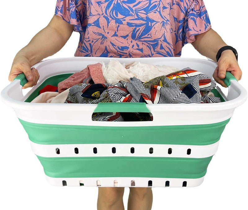 42L Collapsible Plastic Laundry Basket White/Winter Green Foldable Hamper5