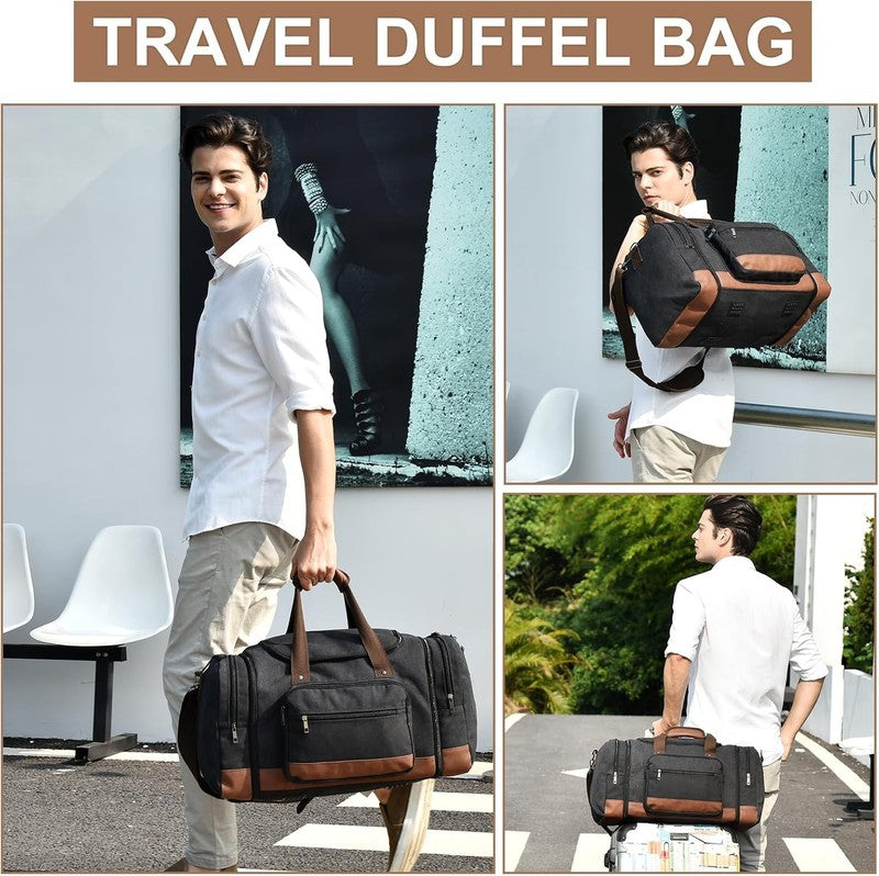 50L Canvas Duffle Bag Travel Gym Overnight Carry On Luggage Black1