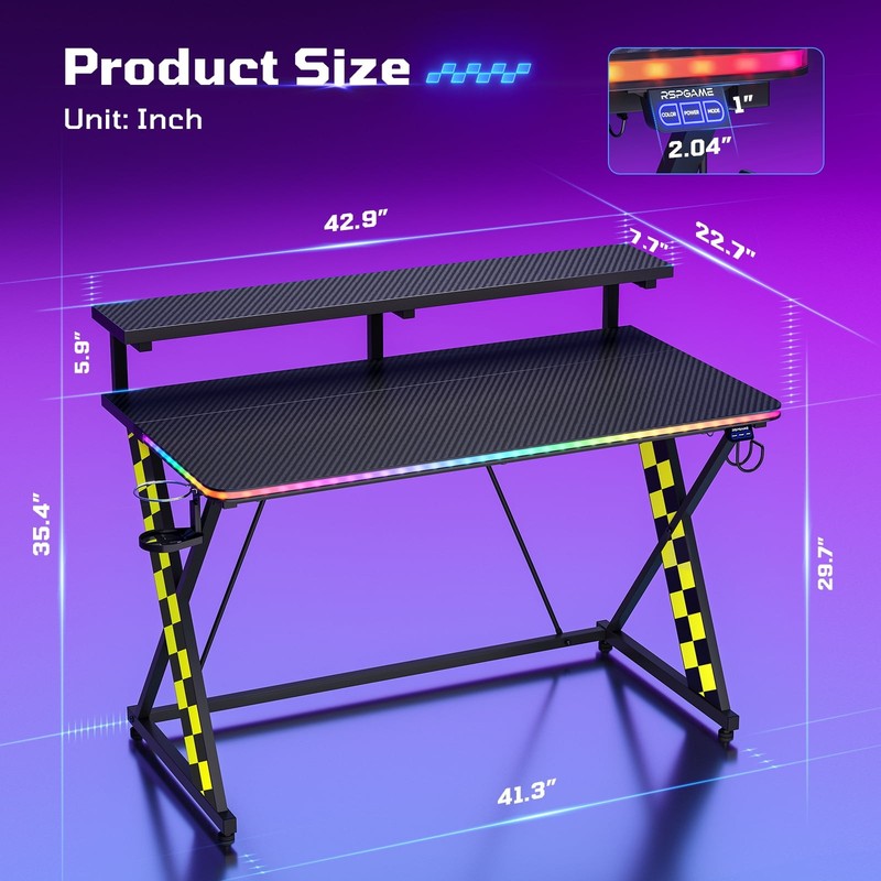 43" X-Shaped Gaming Desk Music Sync LED with Monitor Stand Yellow Racing2