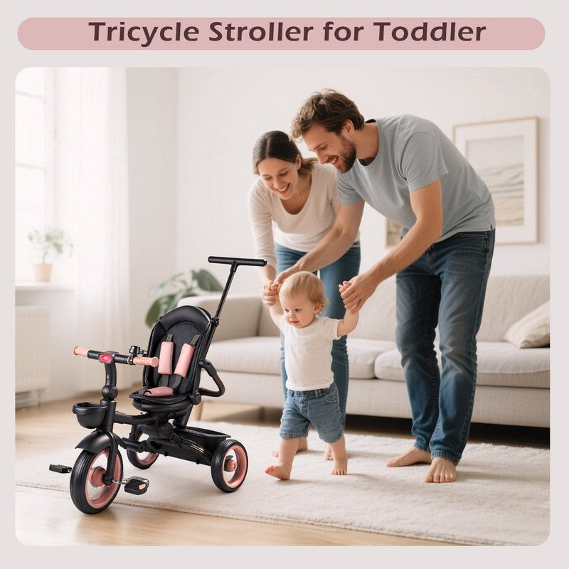 7 in 1 Foldable Tricycle Stroller for Toddler, Baby Tricycle with Adjustable Can4