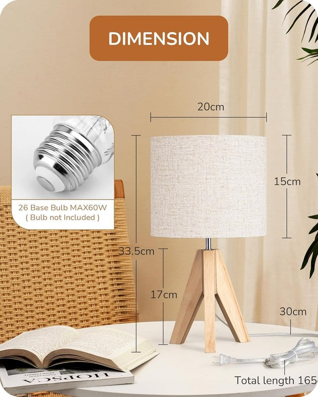 Small Table Lamp Boho Bedside Wood Tripod Linen Shade Nightstand 14.2in5