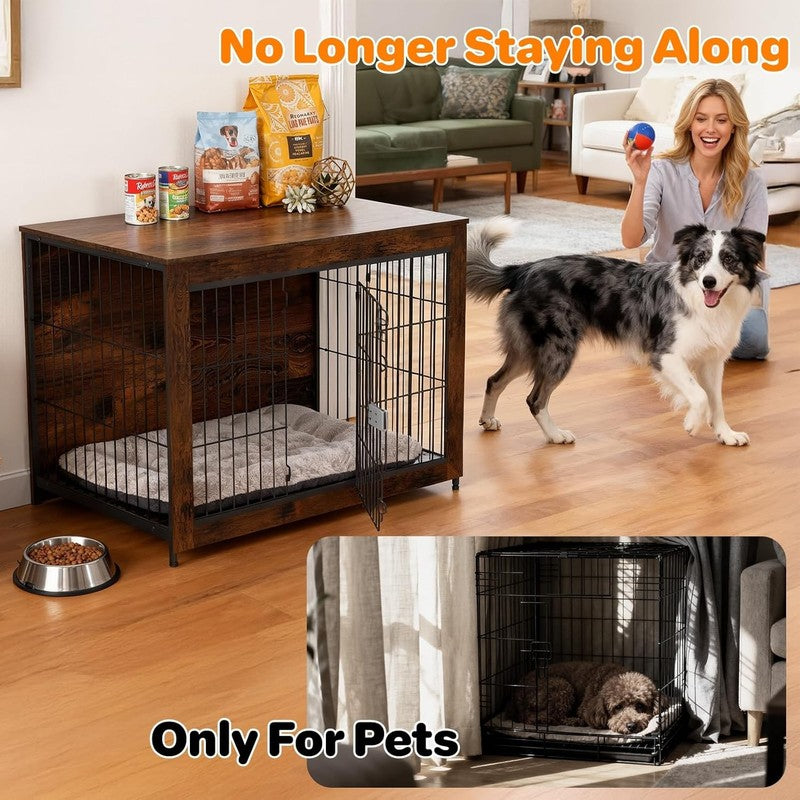 Wooden Dog Crate Furniture 33" w/ End Table Escape Proof Indoor Dog Kennel6