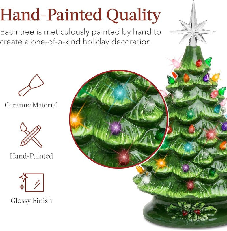 15In Ceramic Christmas Tree, Pre-Lit Hand-Painted Tabletop Holiday Tree, Star To1