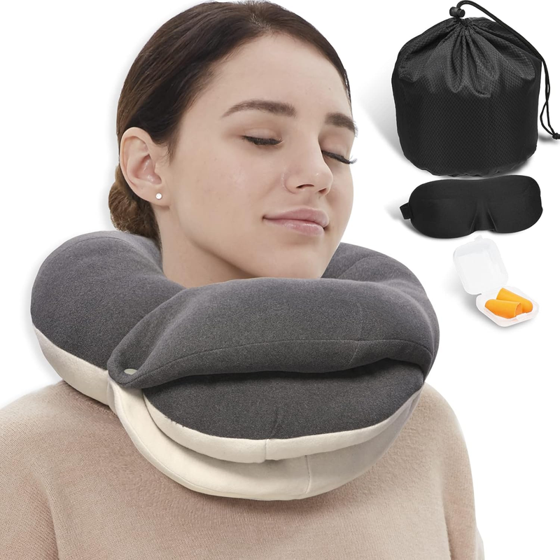 360° Travel Neck Pillow Kit w/ Eye Mask, Earplugs & Bag – Grey Adult9