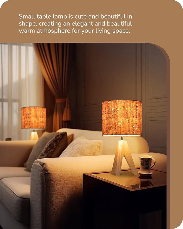 Small Table Lamp Wooden Tripod Bedside Lamp Linen Shade E26 14.2in6