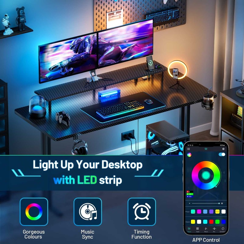 55" Gaming Desk w/ LED Lights & Power Outlet Computer Desk w/ Monitor Stand6