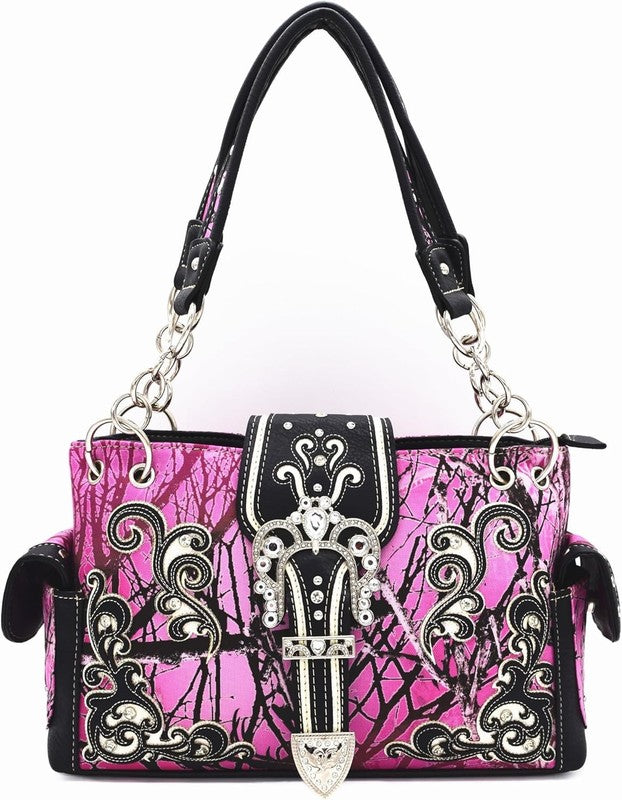 Camouflage Crown Buckle Western Floral Women Shoulder Bag Crossbody Set1