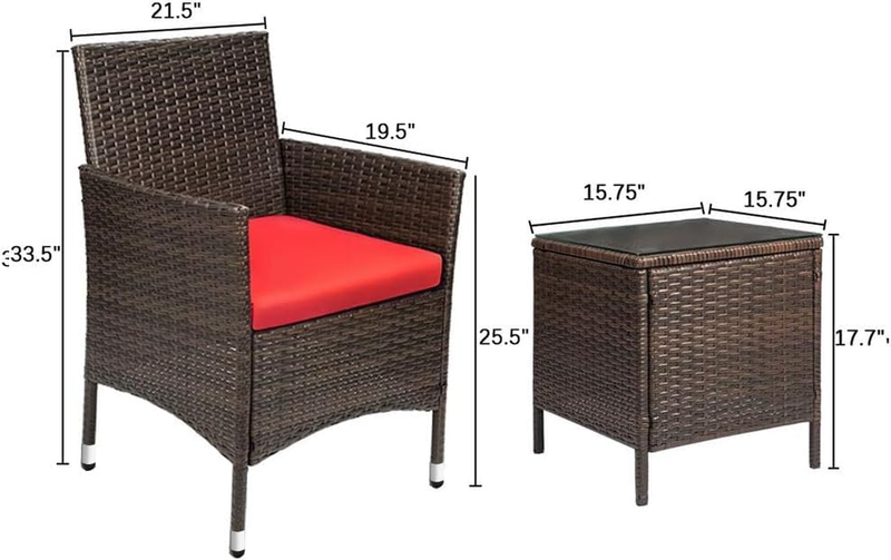 3 Piece Patio Furniture Set PE Rattan Outdoor Bistro Set Brown Red Patio Porch7