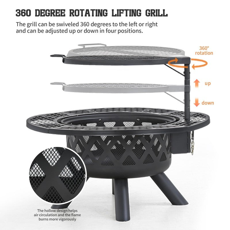 32" Wood Burning Fire Pit with Poker & Grill Outdoor Patio8