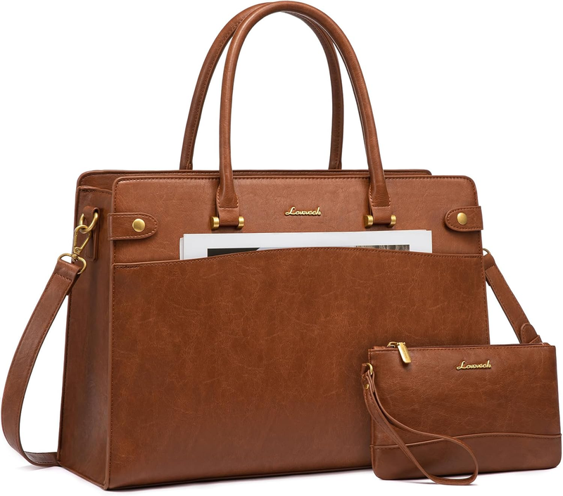 15.6" Laptop Tote Bag for Women Vintage Leather Waterproof Briefcase Brown0