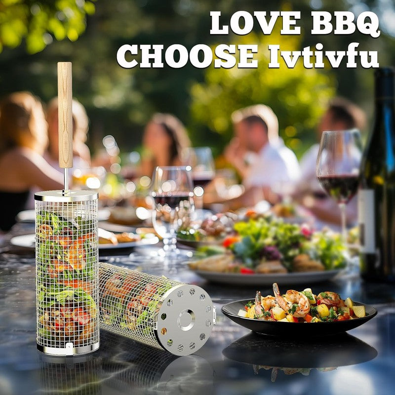 Rolling Grill Basket, Removable Wooden Handle, 304 Stainless Steel, Nesting BBQ 5