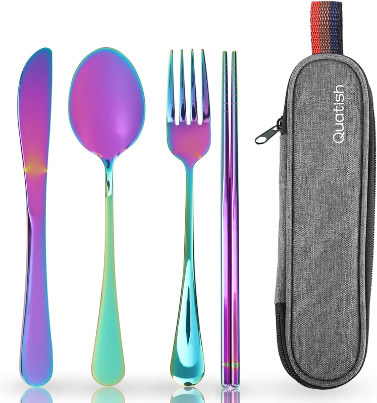 Reusable Travel Utensils Set Stainless Steel Fork Spoon with Case Rainbow0