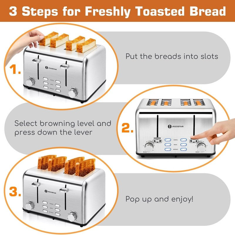 4 Slice Stainless Steel Toaster - Wide Slots, Bagel, 6 Shades, 1550W, Prime5