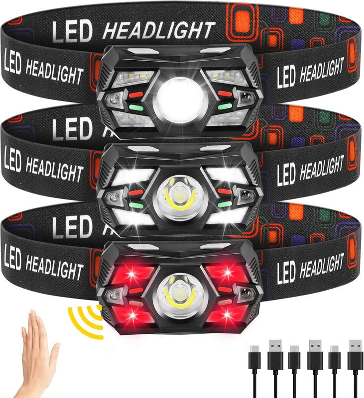 Rechargeable 3-Pack LED Headlamps with Motion Sensor & Red Light for Camping10
