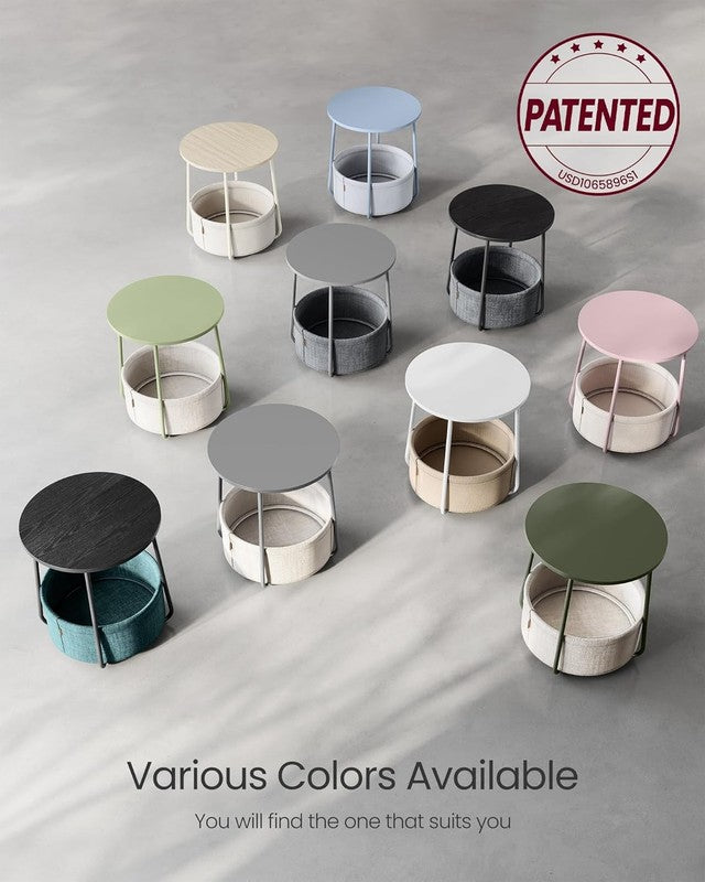 Small Round Side Table Nightstand with Fabric Basket Ebony Black Slate Gray7