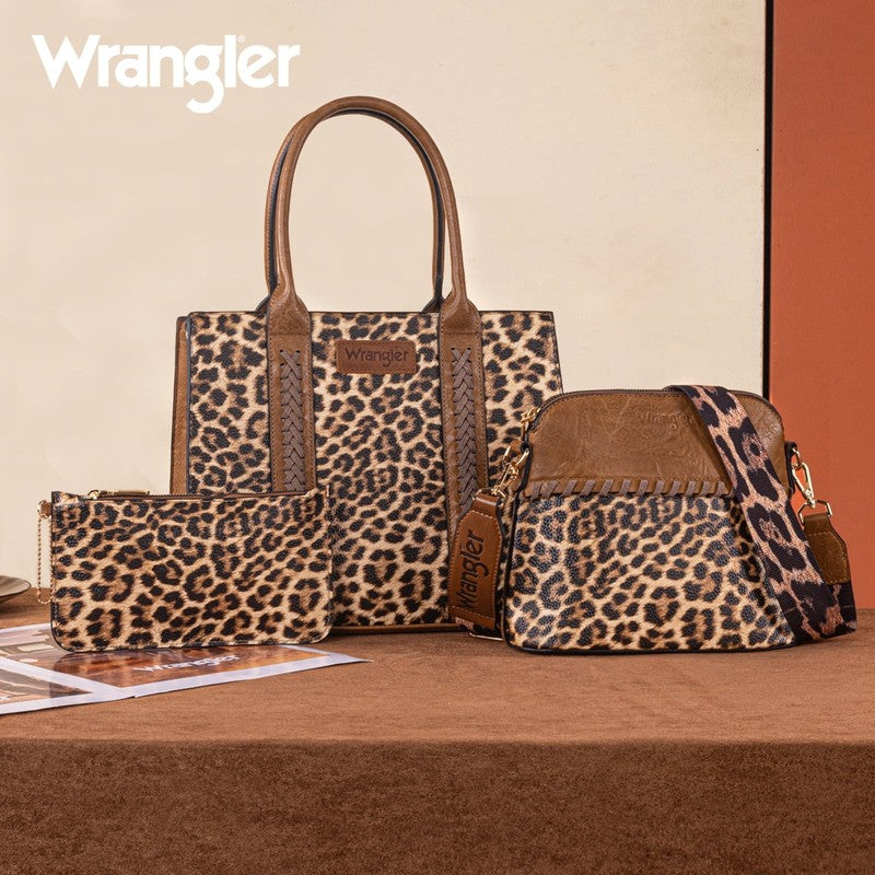 Wrangler 3Pc Handbag Set Tote Crossbody Purse Wallet Leopard Brown5
