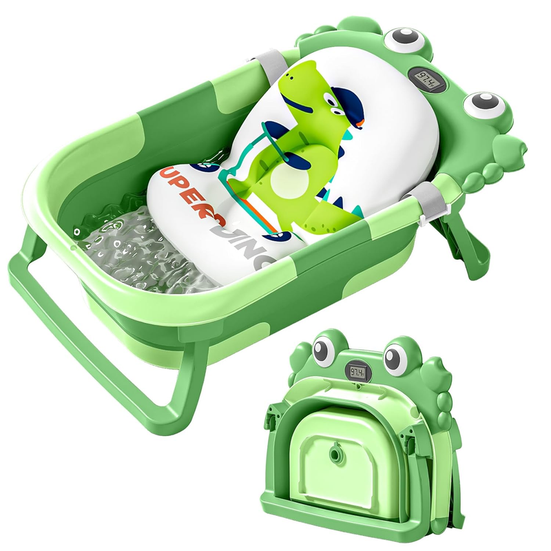 Collapsible Baby Bathtub with Thermometer Soft Cushion Foldable 0 36M DarkGreen10