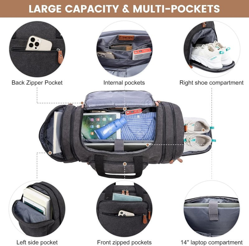 Canvas Travel Duffle Bag Dark Grey Carry On w/ Shoe Compartment Toiletry3