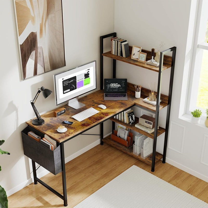 47'' L Shaped Desk Corner Computer Table Gaming Shelf Home Office Brown1