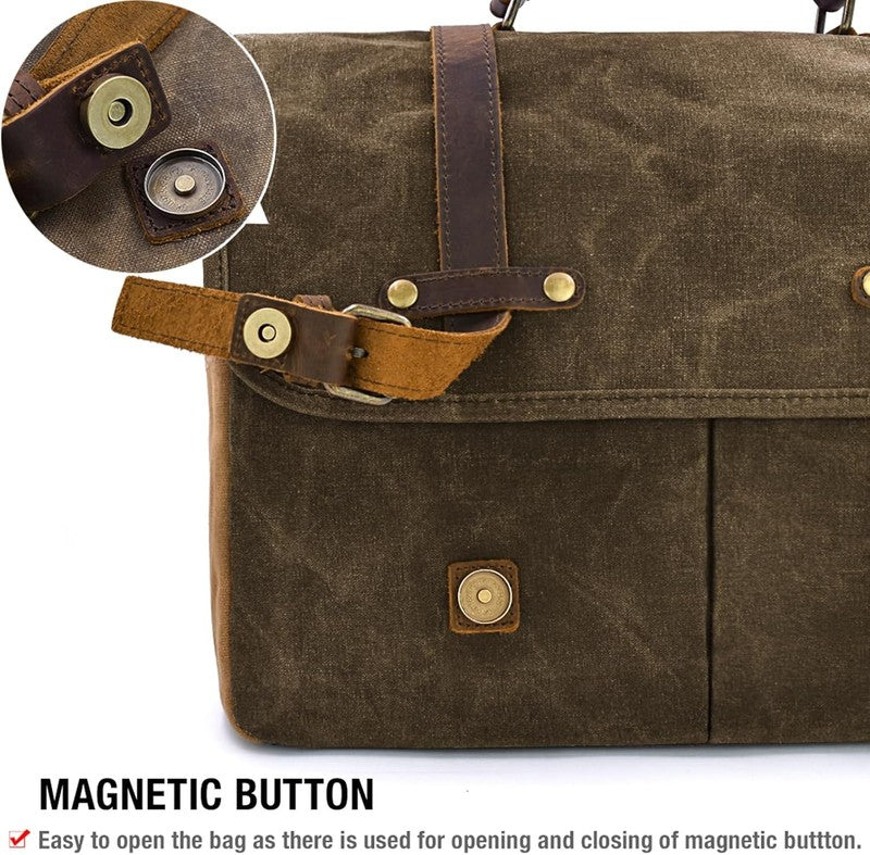 Men's 15.6" Waterproof Leather Canvas Laptop Messenger Bag Coffee Satchel5
