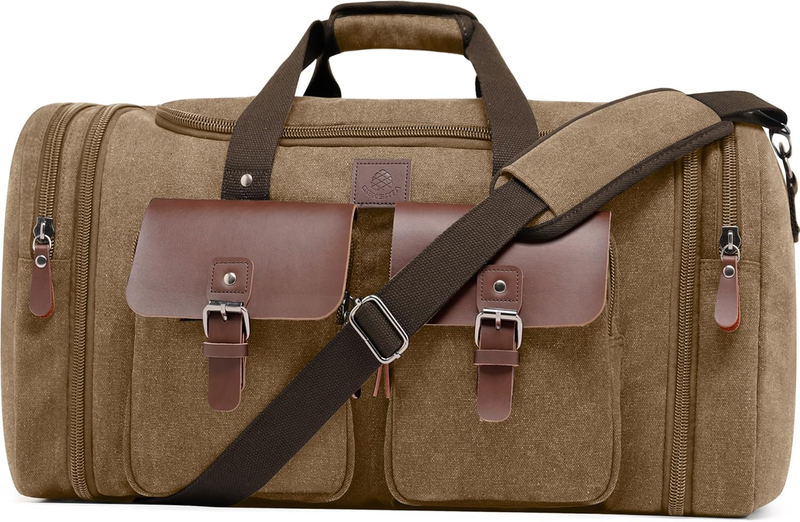 50L Canvas Travel Duffle Bag Expandable Leather Overnight Carry On Coffee0