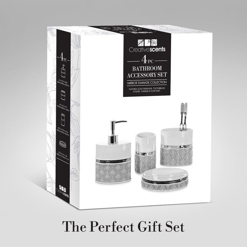 Elegant Mirror Damask 4-Piece Bathroom Accessory Set in White and Gray5
