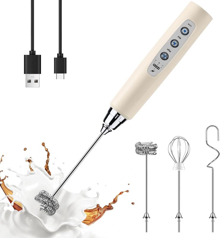 Milk Frother Handheld Beige Rechargeable 3 Speed 3 Heads Coffee Whisk11