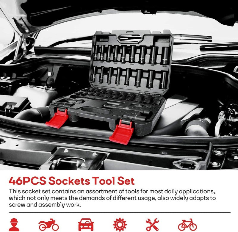 46Pc Mechanic Tool Kit Socket Set 72 Tooth Ratchet Metric SAE3