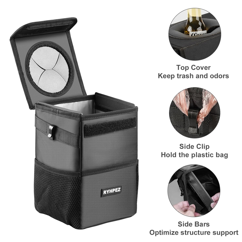 Car Trash Can w/ Lid Leakproof Collapsible Garbage Bin Organizer Road Trip2