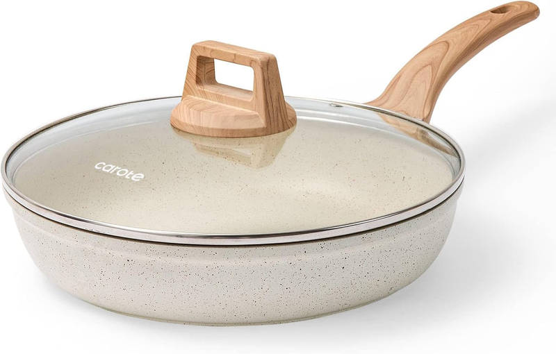8 Inch Non Stick Frying Pan with Lid,White Granite Nonstick Skillet Omelet Pans,10